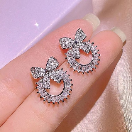 Bowknot & Ring Alloy Clear Cubic Zirconia Stud Earrings FS-WG09EB0-03-1