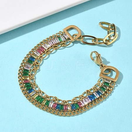 304 Stainless Steel & Glass Double Layers Chain Bracelets for Women BJEW-F540-10G-04-1