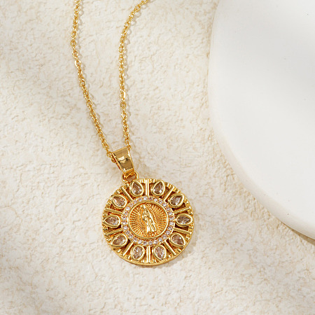 Vintage Brass Pave Cubic Zirconia Hollow Round Religion Virgin Mary Pendant Necklaces for Women EZ3168-1-1
