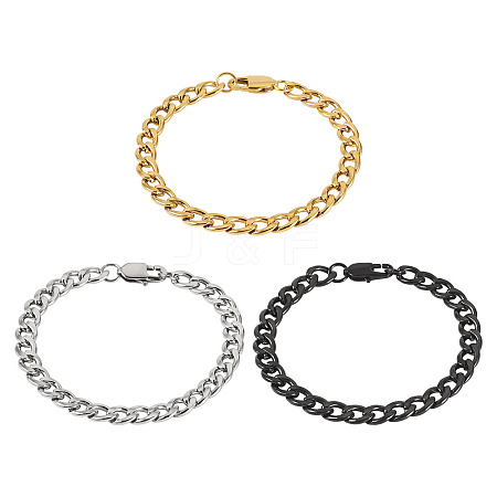3Pcs 3 Styles 304 Stainless Steel Cuban Link Chain Bracelets BJEW-TAC0062-1