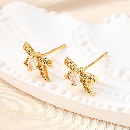 Bowknot Brass Micro Pave Clear Cubic Zirconia Stud Earrings EJEW-G433-05G-1