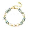 Natural Larimar Rondelle and Natural Cultured Freshwater Pearl Beaded Bracelets with Brass Round Beads BJEW-JB14417-3
