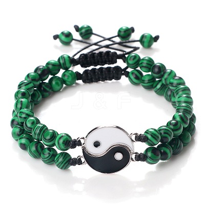 Adjustable Round Synthetic Malachite Beaded Stretch Bracelet Sets GW3439-2-1