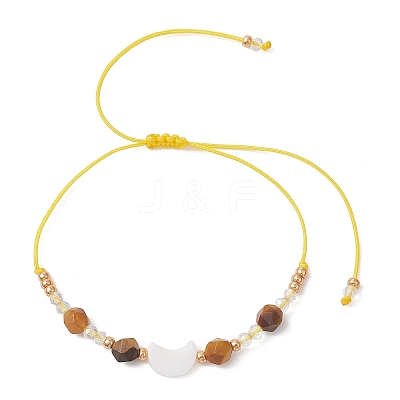 Natural Tiger Eye & Freshwater Shell Moon Charm Bracelets BJEW-MZ00303-02-1