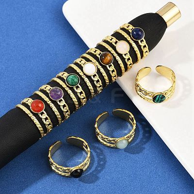 316 Stainless Steel with Natural Mixed Gemstone Cuff Rings RJEW-Z098-01G-14-1