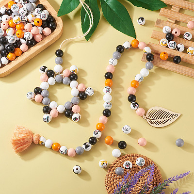 160Pcs 11 Styles Printed Cat & Dog Wood Beads WOOD-TA0001-74-1