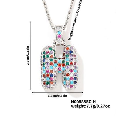 Brass Pave Colorful Cubic Zirconia Letter Pendant Box Chain Necklaces NU0575-34-1