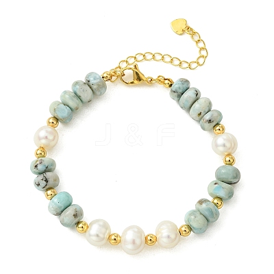 Natural Larimar Rondelle and Natural Cultured Freshwater Pearl Beaded Bracelets with Brass Round Beads BJEW-JB14417-1
