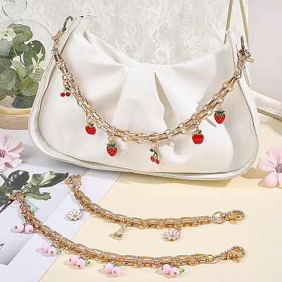 3Pcs 3 Styles Alloy Enamel Flower Cherry Apple Strawberry Charm Alloy Bag Decorative Chains AJEW-CN0006-07-1