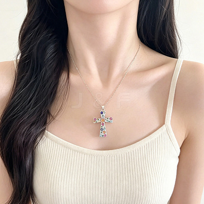 Alloy Rhinestone Enamel Floral Cross Pendant Necklaces for Women WGDC600-01-1
