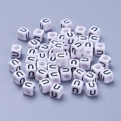 Letter U White Letter Acrylic Cube Beads X-PL37C9308-U-1
