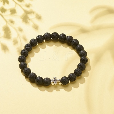 Natural Lava Rock Stretch Bracelet with Alloy Cross BJEW-JB08192-04-1