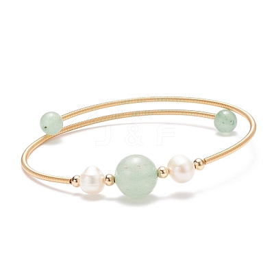 Natural Green Aventurine & Pearl Round Beaded Bangle BJEW-JB08464-04-1