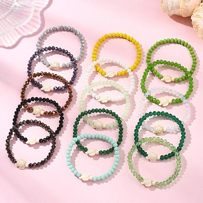 15Pcs 15 Colors Ocean Turtle Synthetic Turquoise & Faceted Rondelle Glass Beads Stretch Bracelets for Women BJEW-JB13643-1