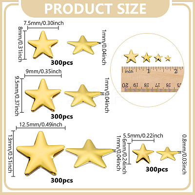 1200Pcs 4 Styles Aluminum Hotfix Iron On Star Studs FIND-NB0006-17G-1