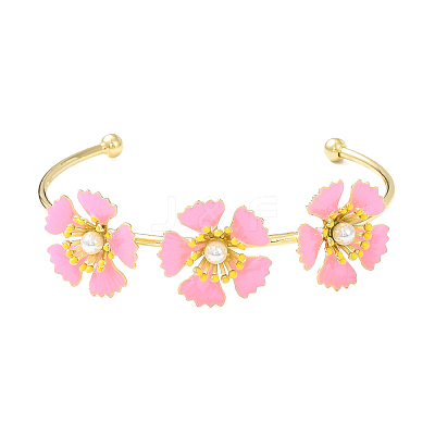 Alloy Flower with Imitation Pearl Beaded Open Cuff Bangle for Women LS-BJEW-D054-02G-01-1