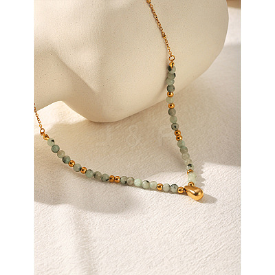 304 Stainless Steel Teardrop Pendant Natural African Turquoise(Jasper) Round Beaded Necklaces for Women WGE7304-01-1