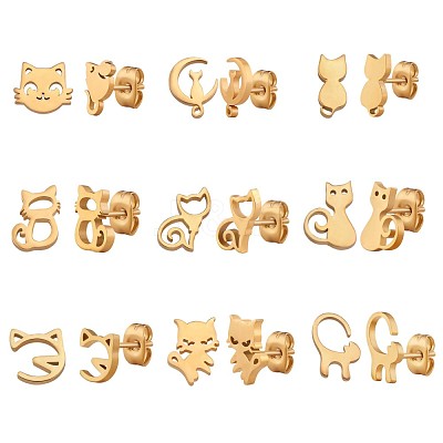 9 Pairs 9 Style 316 Surgical Stainless Steel Cute Kitten Stud Earrings for Women JE933A-1