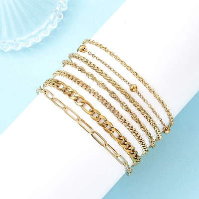 7Pcs 304 Stainless Steel Curb Chains & Water Wave Chains & Cable Chains & Figaro Chains & Wheat Chains Chain Bracelets Set for Women BJEW-JB12915-1