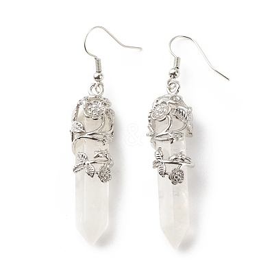 Natural Quartz Crystal Bullet with Flower Dangle Earrings EJEW-G300-02P-05-1