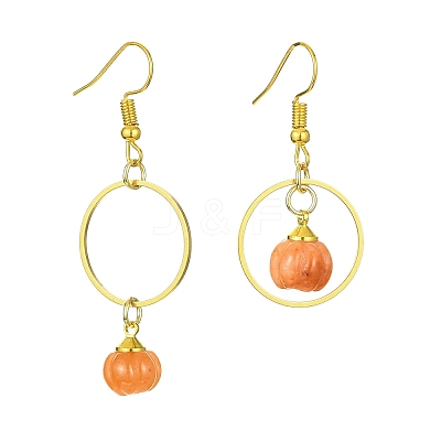 Natural Red Aventurine Pumpkin with Ring Dangle Earrings EJEW-JE05509-01-1