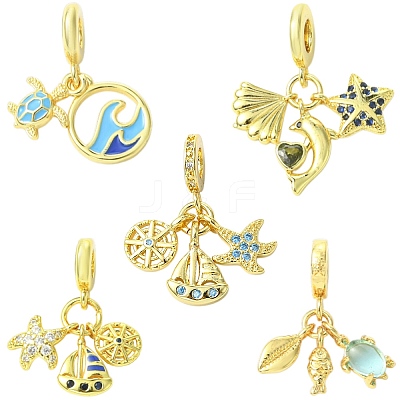5Pcs 5 Styles Brass Pave Cubic Zirconia European Dangle Charms KK-CJ0004-01-1