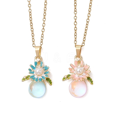 2Pcs 2 Colors Alloy Enamel & ABS Imitation Pearl & Glass Flower Pendant 304 Stainless Steel Cable Chain for Women NJEW-JN05992-1