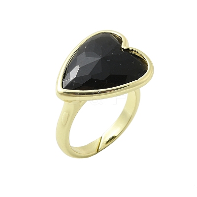 Heart Brass Natural Obsidian Finger Rings X-RJEW-D304-01G-G-1