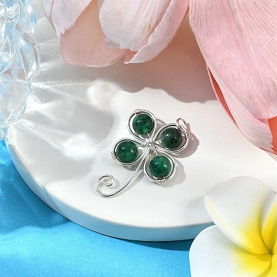 Copper Wire Wrapped Natural Emerald Shamrock Pendants PALLOY-JF02945-03-1