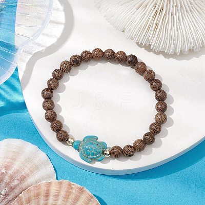 Summer Beach Turtle Dyed Synthetic Turquoise & 6.5mm Round Wenge Wood Beaded Stretch Bracelets for Women BJEW-JB10515-01-1