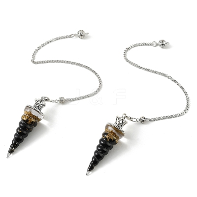Resin Dowsing Pendulum Pendants with Natural Obsidian Chips inside and Iron Chain & Alloy Caps GG-CBAEAD2-01C-1