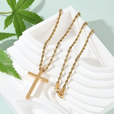 Religion Cross 304 Stainless Steel Pendant Rope Chain Necklaces NJEW-L157-09G-1