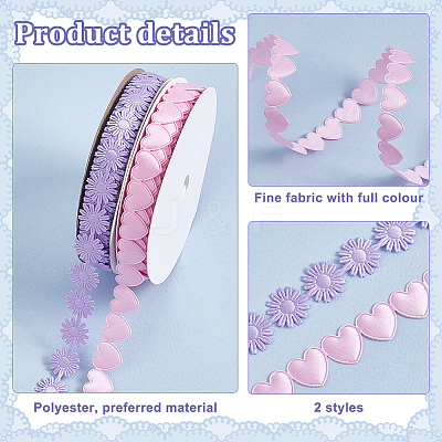 2 Rolls 2 Styles Heart & Flower Polyester Lace Ribbon OCOR-PH0004-66B-1