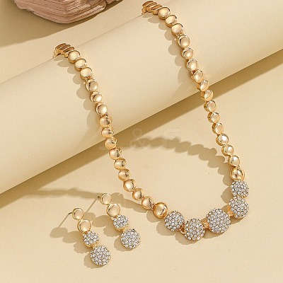 Brass Crystal Rhinestone Flat Round Link Chain Necklaces & Stud Dangle Earrings Sets for Women FS-WG8EC1E-01-1