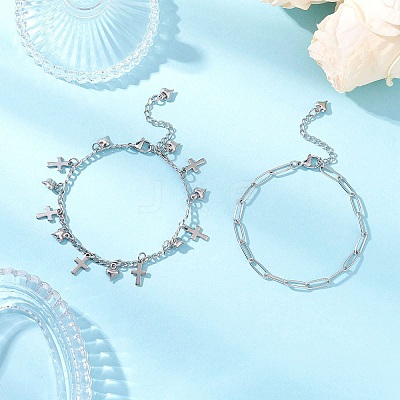 304 Stainless Steel Paperclip & Figaro Chain Bracelets for Women BJEW-JB12445-01-1