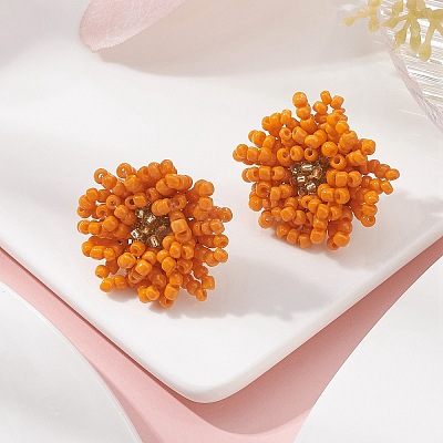 Glass Seed Braided Beaded Flower Stud Earrings EJEW-MZ00072-01-1