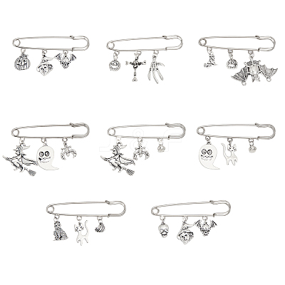 8Pcs 8 Style Halloween Pumpkin & Skull & Witch & Cat Zinc Alloy Charms Safety Pin Brooches Set JEWB-FH0001-30-1