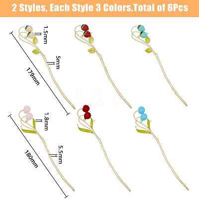6Pcs 6 Style Strawberry & Cherry Alloy Enamel Hair Sticks OHAR-FH0001-11-1