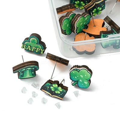 20Pcs 5 Style Saint Patrick's Day Green Wood Stud Earrings EJEW-FS0001-11-1