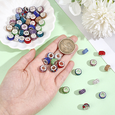 50Pcs 10 Colors Handmade Polymer Clay Rhinestone European Large Hole Beads with Silver Color Plated Brass Cores FPDL-PA0001-03-1