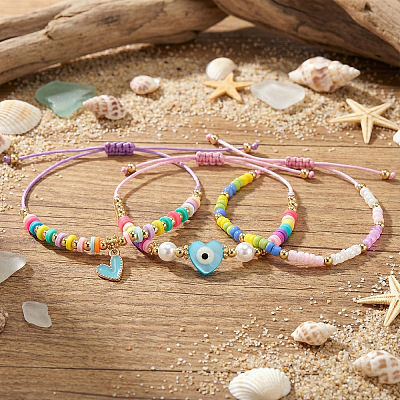 3Pcs Glass Seed Bead & Resin & Brass Braided Bead Bracelets LW3639-5-1
