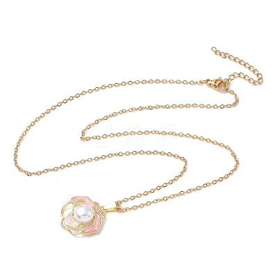 Brass Enamel Pink Flower Pendant 304 Stainless Steel Chain Necklaces for Women NJEW-D341-04G-1