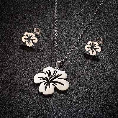 Stainless Steel Flower Stud Earrings & Pendant Necklaces Sets for Women PW-WG215D6-02-1