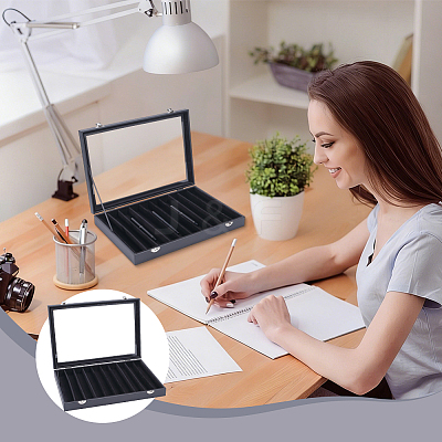 8-Slot MDF Covered with PU Leather Pen Organizer Display Cases with Acrylic Window Lid ODIS-WH0086-232A-02-1