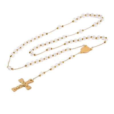 Ion Plating(IP) Crucifix Cross 304 Stainless Steel Rosary Bead Necklaces NJEW-M075-03G-01-1