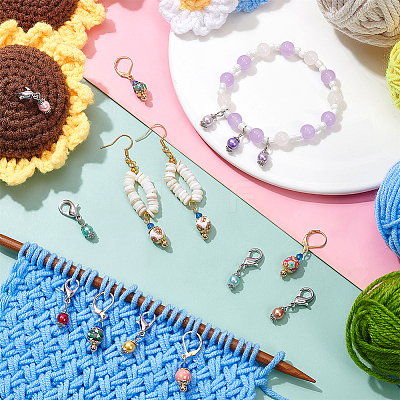 2 Sets 2 Style Glass Pearl & Handmade Polymer Clay Bead Charm Locking Stitch Marker HJEW-NB0002-08-1