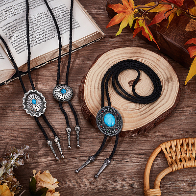 3Pcs 3 Style Adjustable Zinc Alloy Pave Synthetic Turquoise Oval/Flat Round Pendant Black PU Leather Cord Lariat Necklaces NJEW-ME0001-02-1