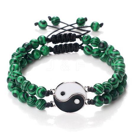 Adjustable Round Synthetic Malachite Beaded Stretch Bracelet Sets GW3439-2-1