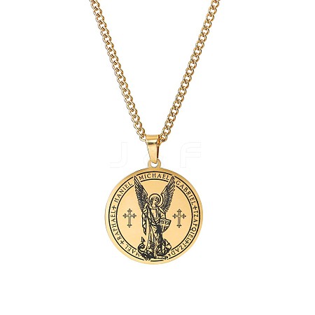 Retro Stainless Steel Archangel Michael Necklace Unisex Round Pendant Necklace SC0109-1-1