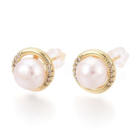 Half Round Brass Micro Pave Clear Cubic Zirconia Stud Earrings PEAR-N017-07I-1
